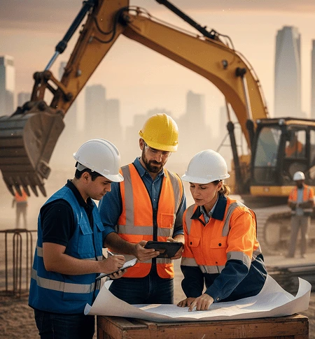 Construction equipment in use at a building site