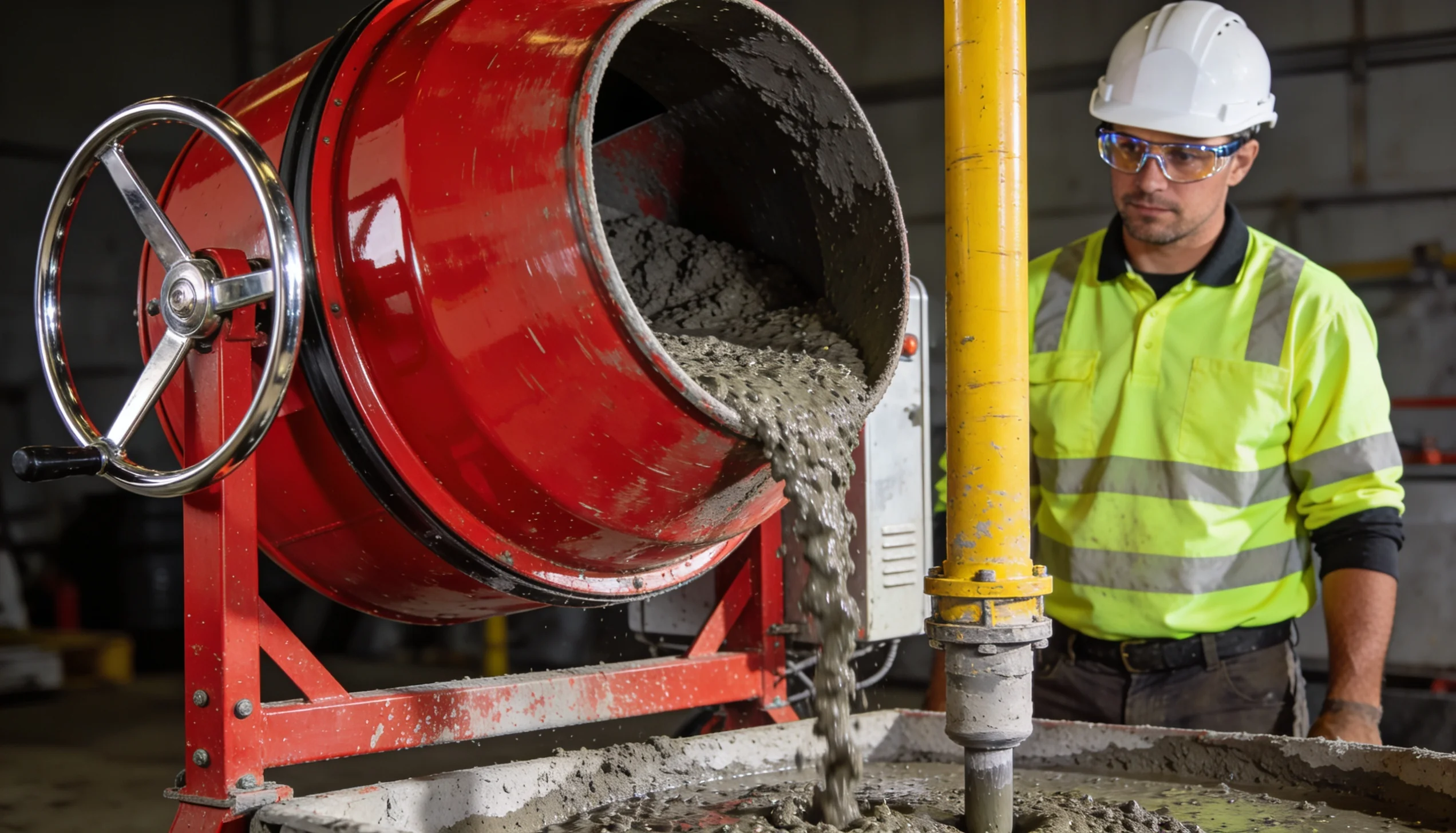 Baylorr concrete mixer pouring concrete with a UAE site worker