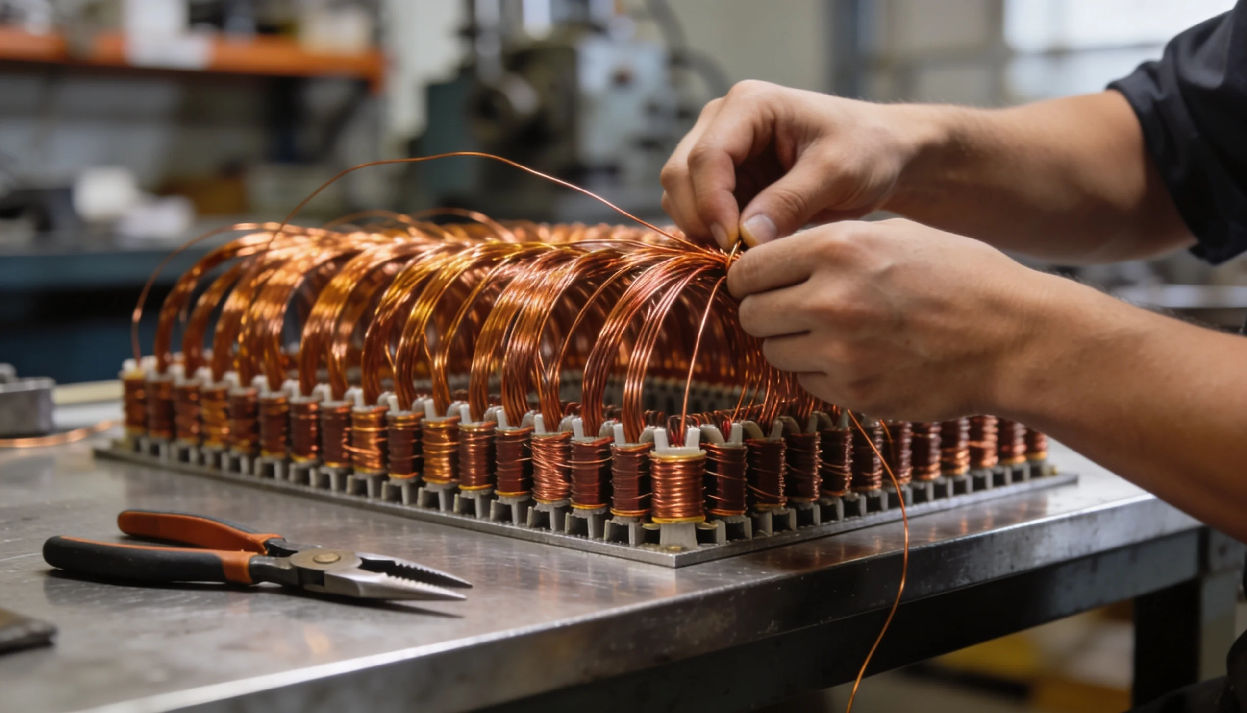 AMACO workshop technician rewinding a motor stator with copper wire in Ajman