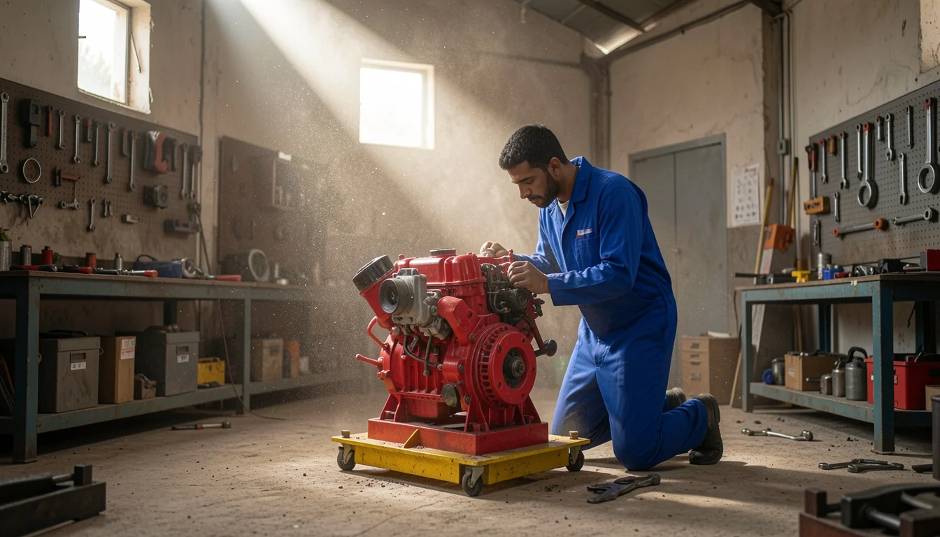 AMACO workshop technician repairing a construction engine in Ajman